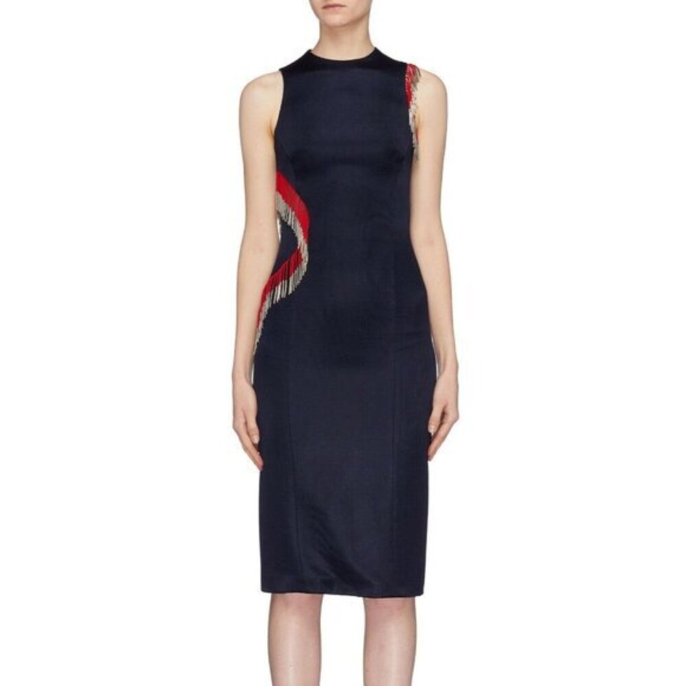 Galvan London Molten Beaded Fringe Body-con Dress Navy Knit SZ 8 New